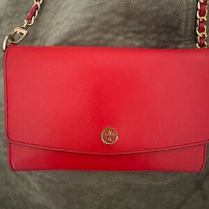 Tory Burch Robinson Red Leather Wallet on Chain Crossbody